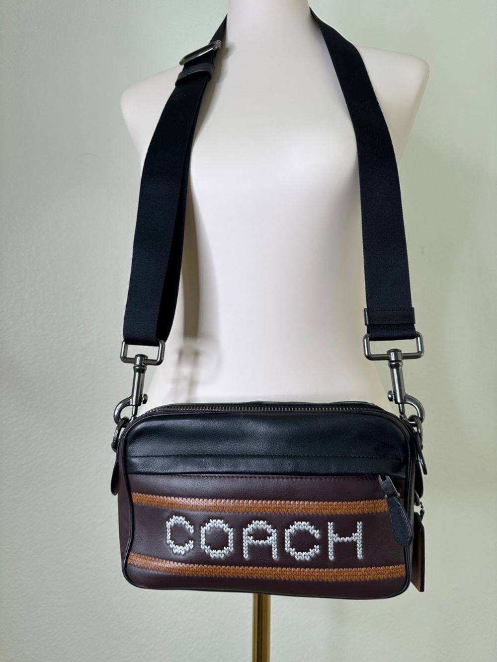 COACH Black & Brown Leather Logo Messenger Bag